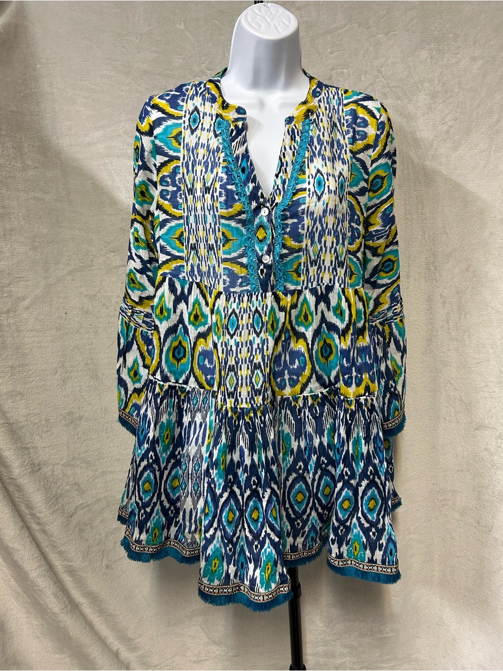 Yady S/M Blue Teal Yellow Patterned Mini Dress